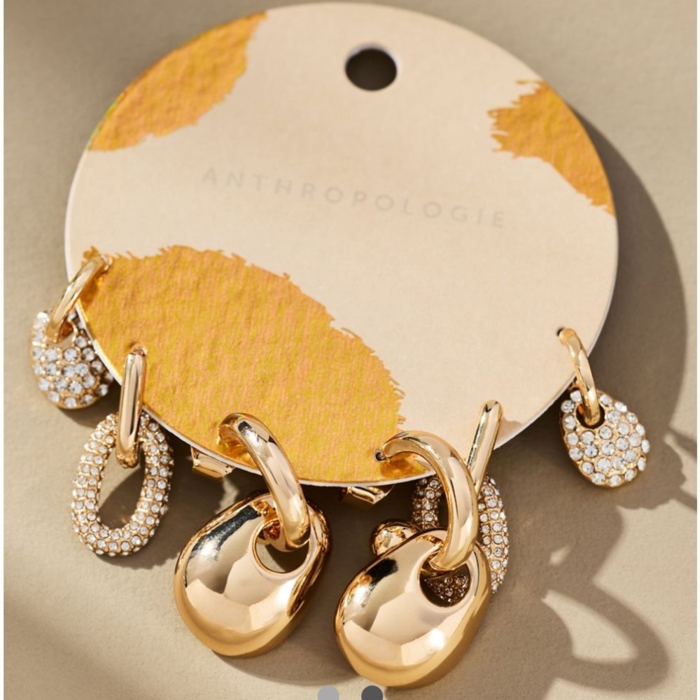 Anthropologie Gold Multi-Dangle Pave & Polished Earrings